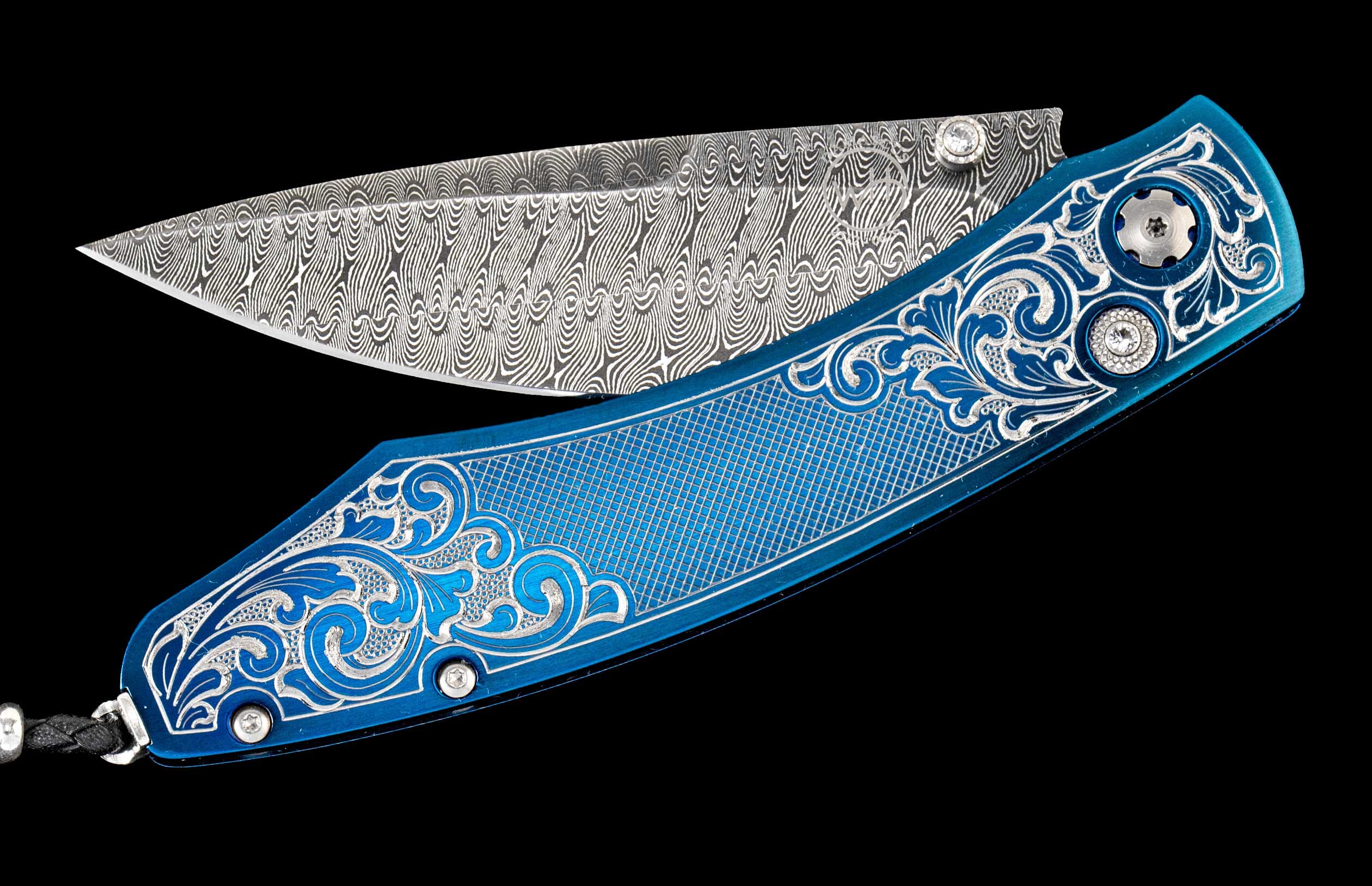 One of a kind William Henry custom knife with hand forged Damascus steel, Anodized & micro-machined stainless steel, and white topaz gemstones.