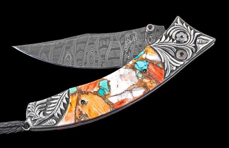 One of a Kind William Henry Custom Knife with Hand-carved sterling silver, Spiny oyster shell and turquoise.