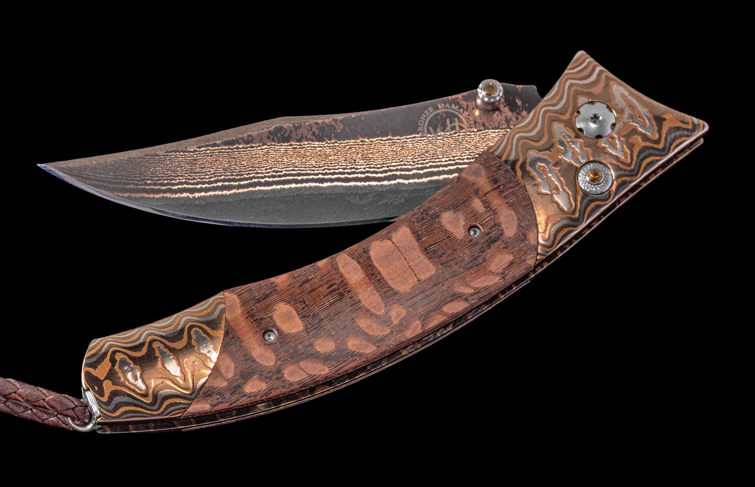 One of a Kind William Henry Custom Knife with Heat-colored 'Wave' Mokume, Banksia pod scales, and danascus steel blade
