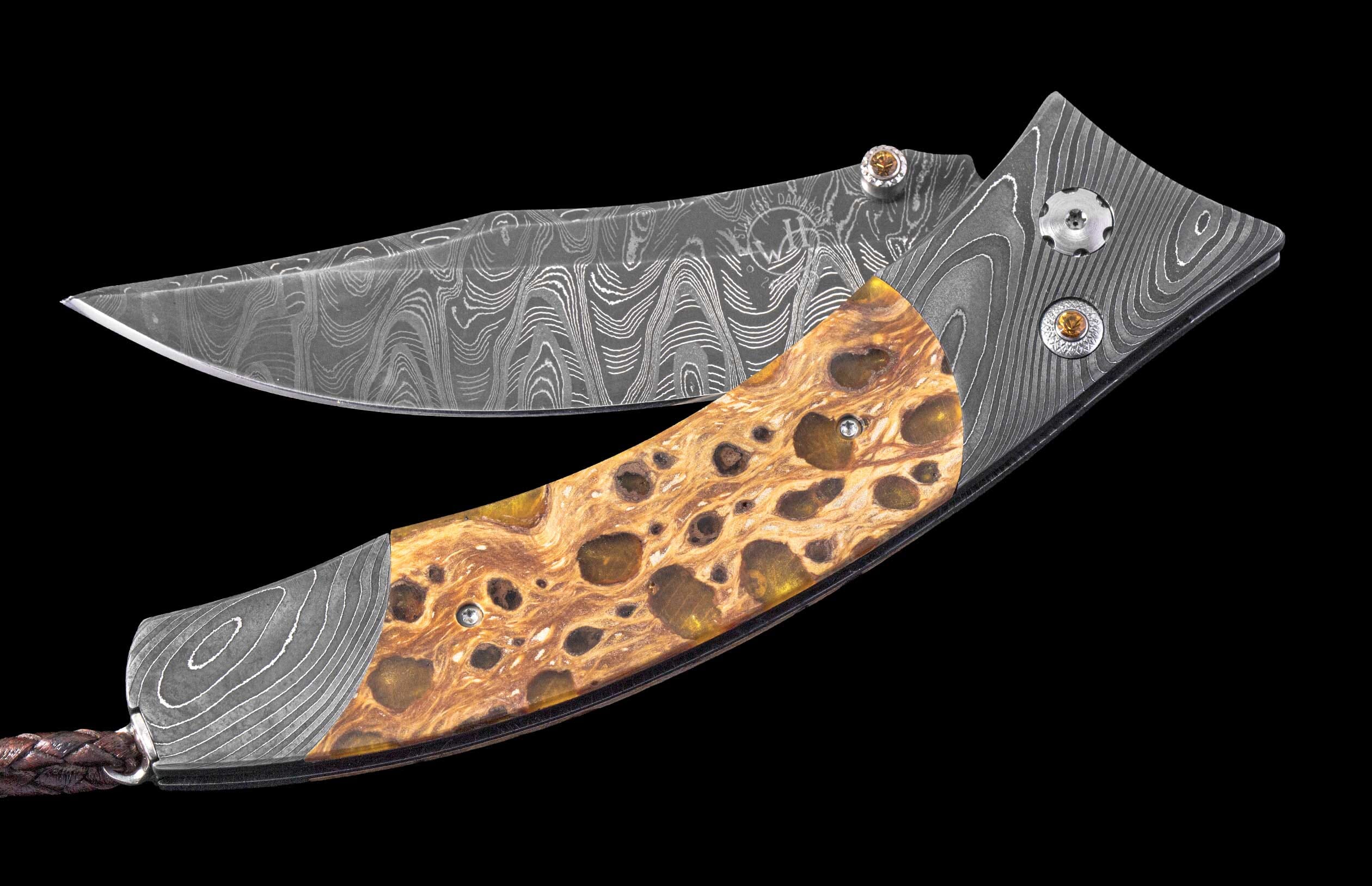 One of a Kind William Henry Custom Knife with damascus frame, Banksia pod scales, and damascus steel blade.