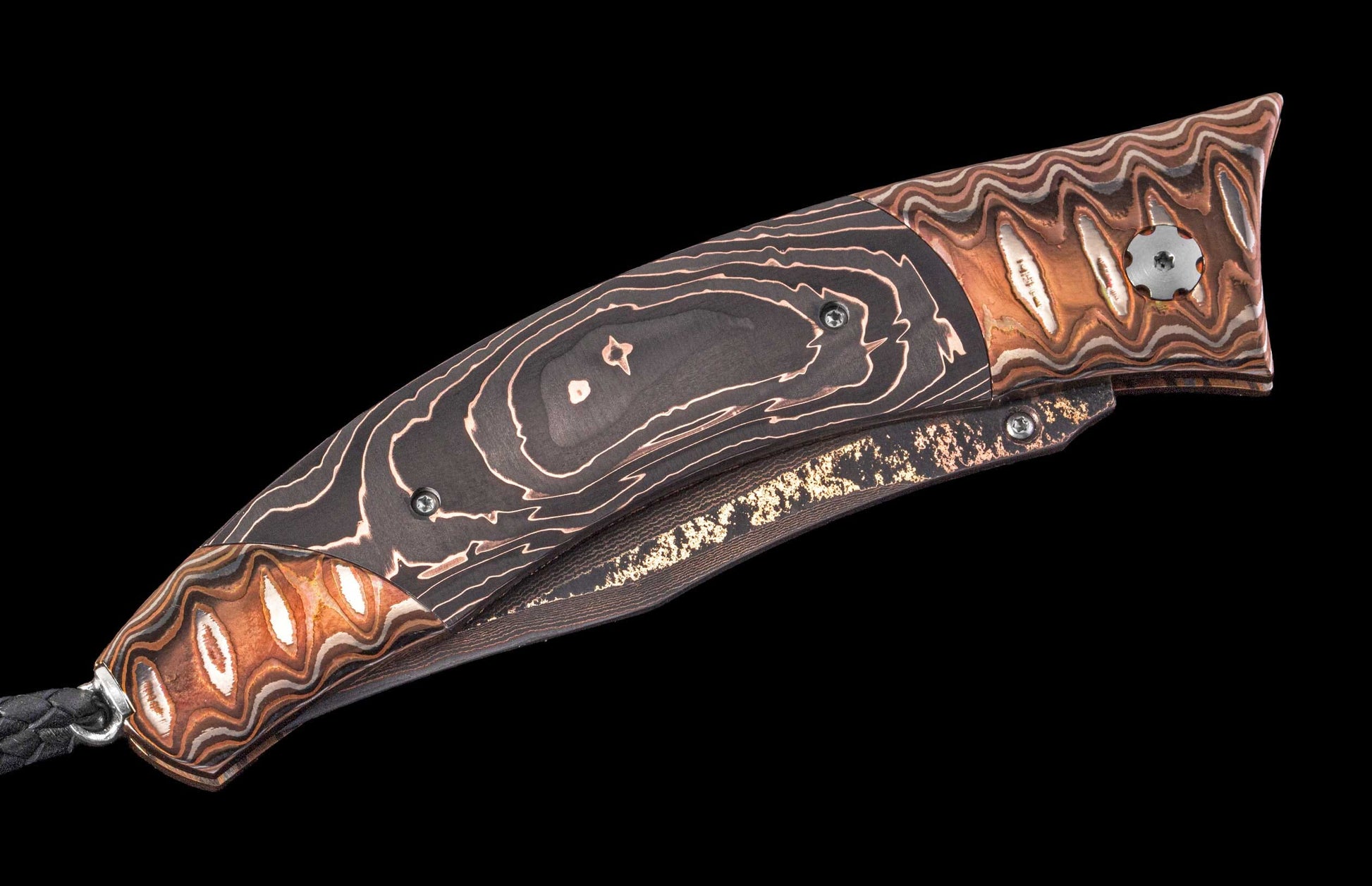 One of a Kind William Henry Custom Knife with Heat-colored 'Wave' Mokume frame