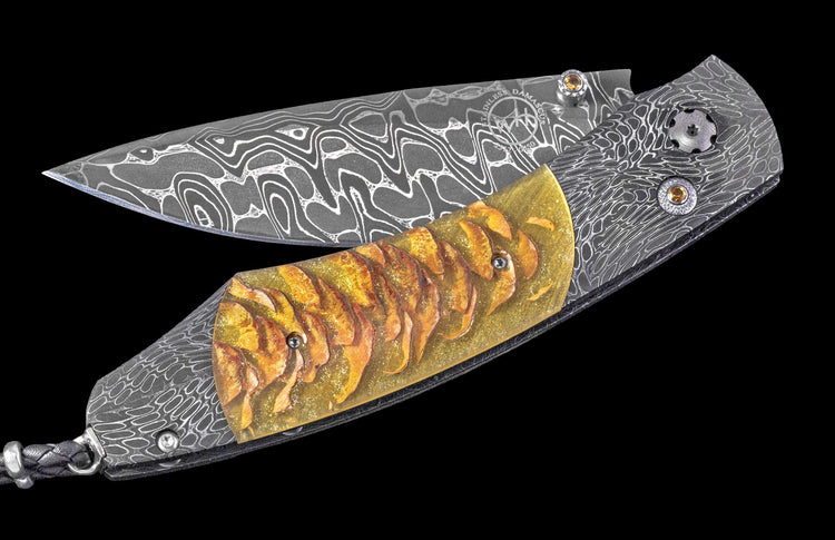 One of a Kind William Henry Custom Knife featuring a 'River Rock' damascus  frame, Norway Blue Spruce pine cone in resin scales, an an 'Intrepid' damascus steel blade