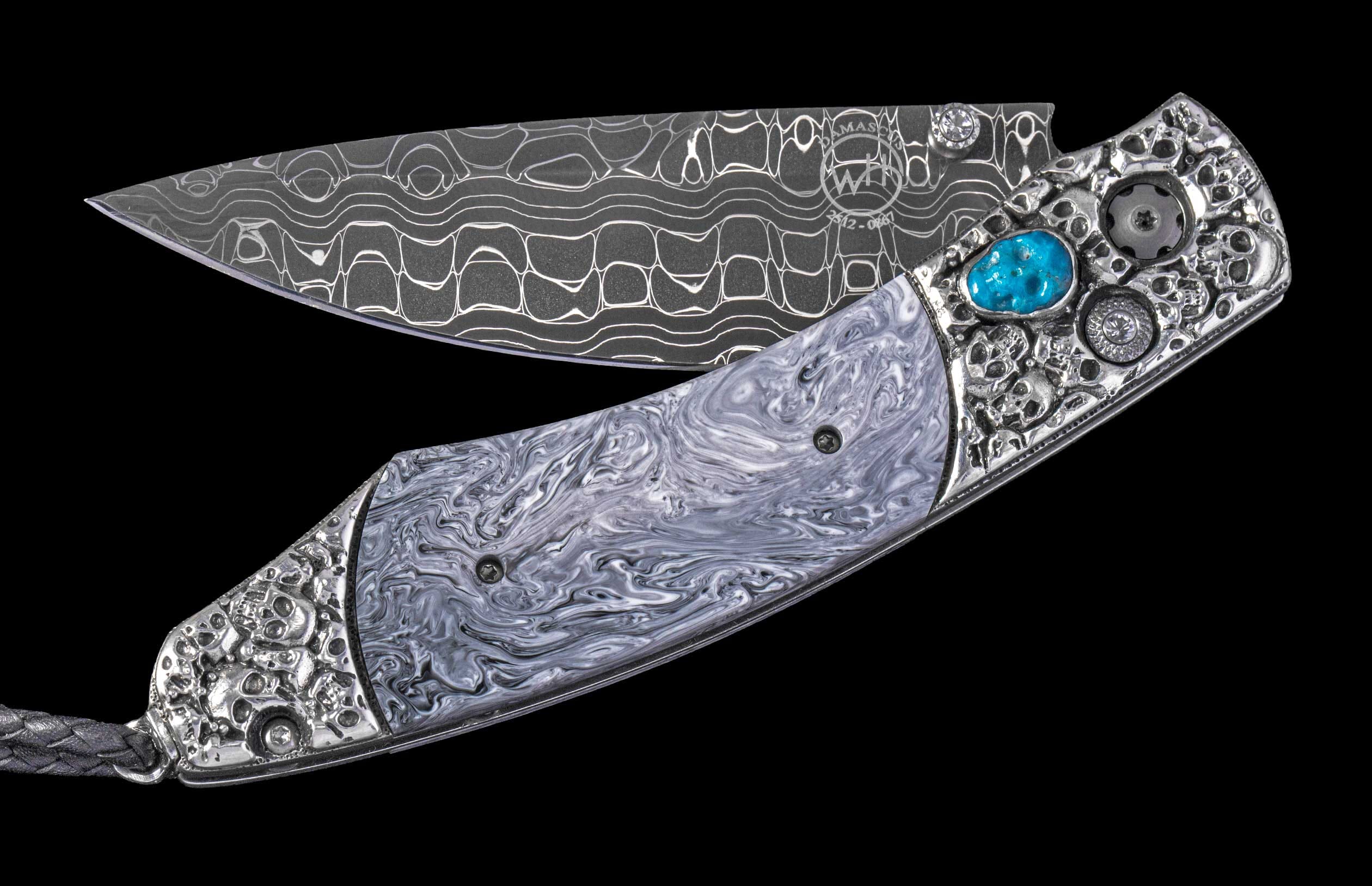 One of a Kind William Henry Custom Knife with  Hand-carved sterling silver w/inlaid carved turquoise frame, polymer scales, and damascus steel blade.