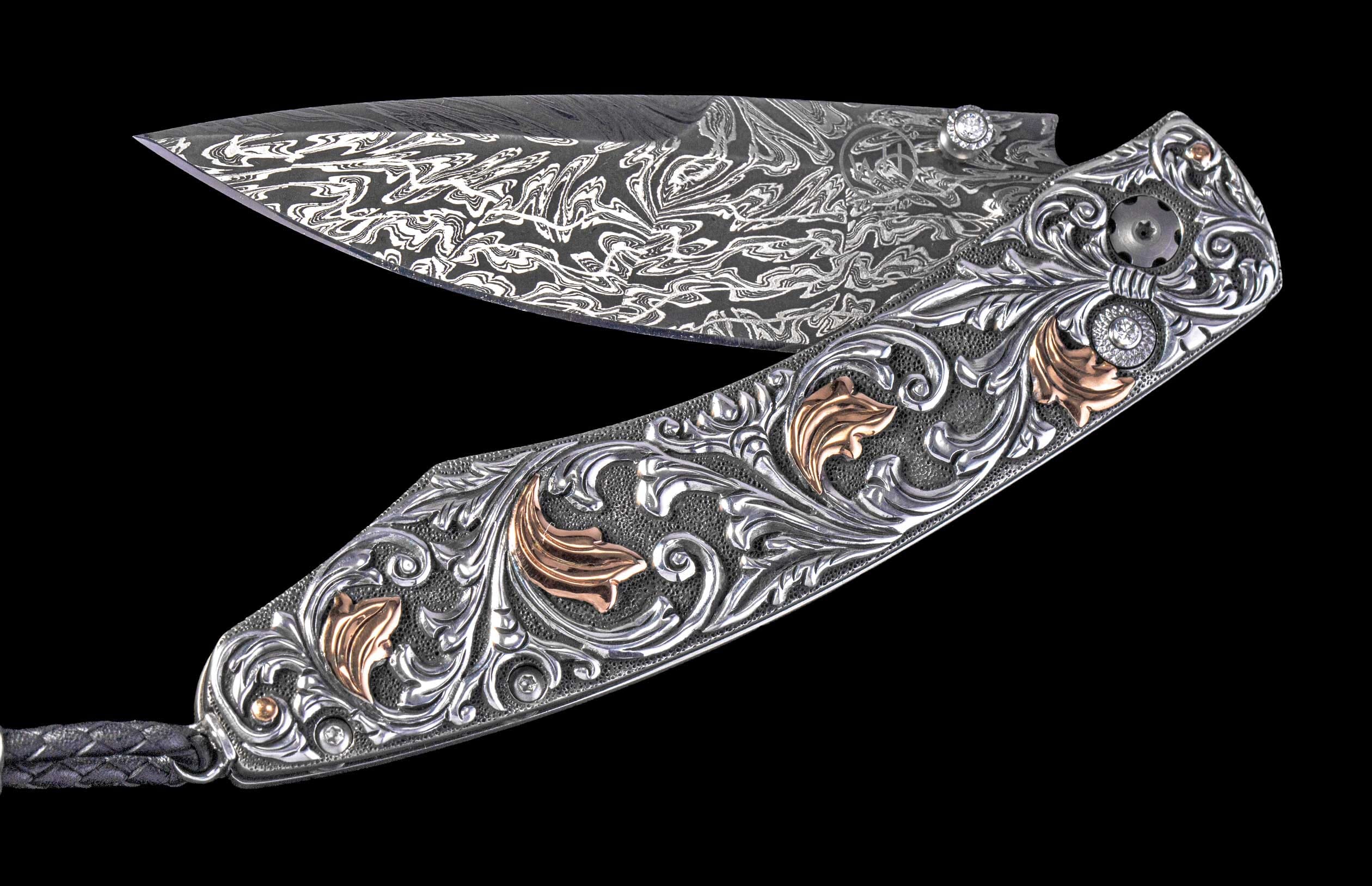 One of a Kind William Henry Custom Knife with Hand-carved sterling silver w/gold and damascus steel blade