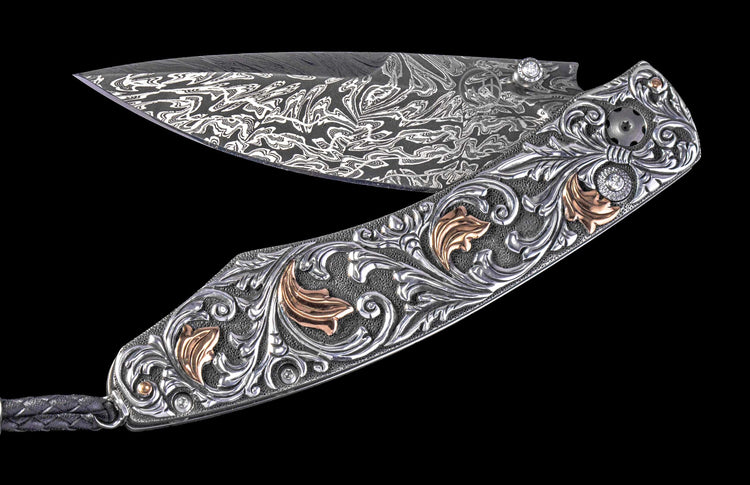 One of a Kind William Henry Custom Knife with Hand-carved sterling silver w/gold and damascus steel blade