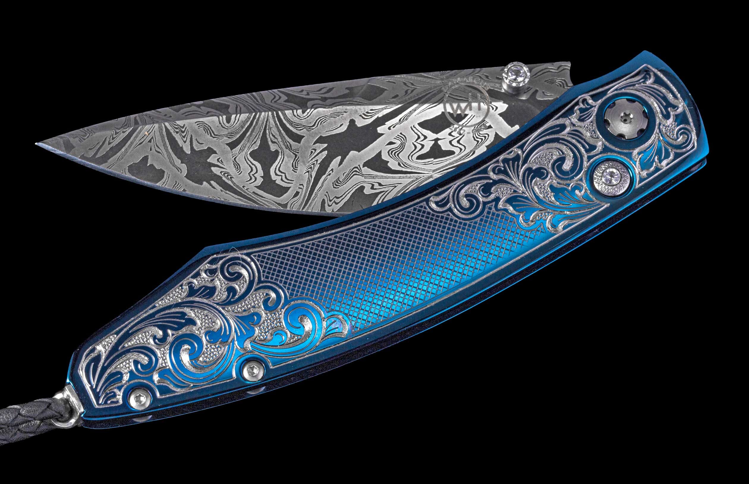One of a Kind William Henry Custom Knife with blue Anodized & micro-machined stainless steel frame and damascus steel blade