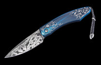 One of a Kind William Henry Custom Knife with blue Anodized & micro-machined stainless steel frame and damascus steel blade
