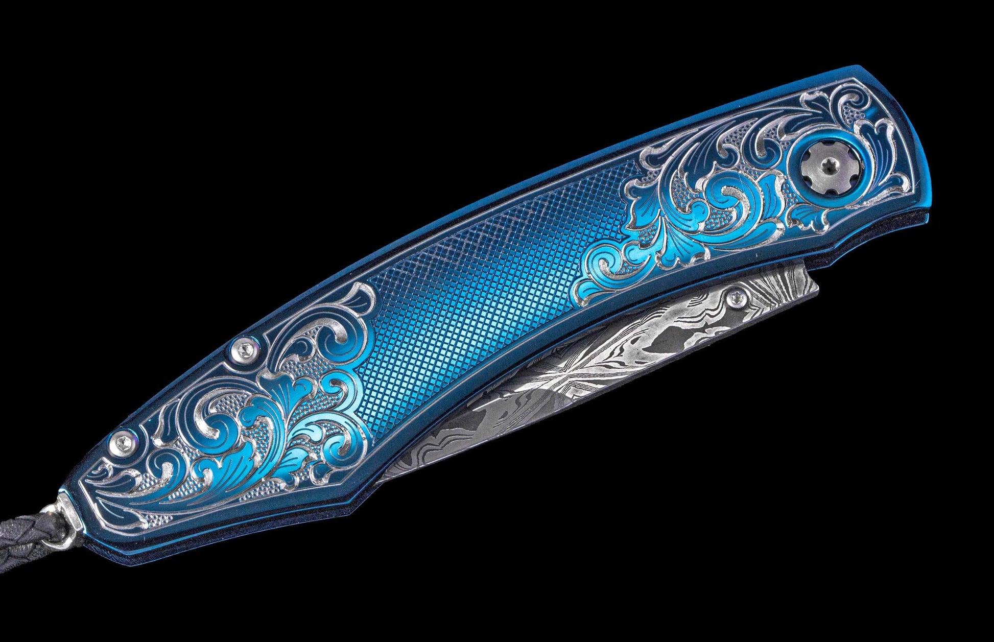 One of a Kind William Henry Custom Knife with blue Anodized & micro-machined stainless steel frame and damascus steel blade