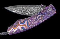 One of a Kind William Henry Custom Knife with purple Laser color-engraved titanium frame and damascus steel blade