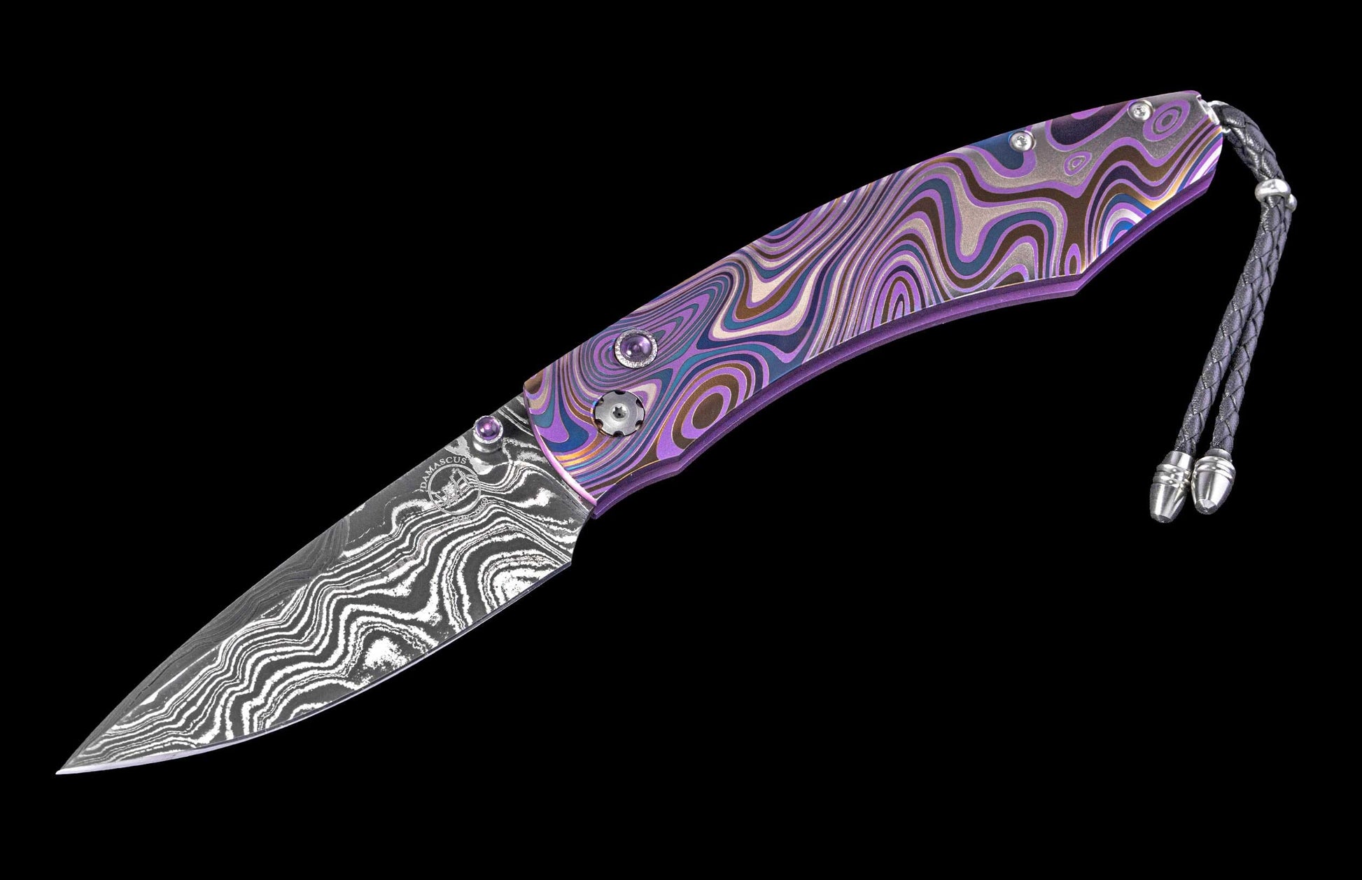 One of a Kind William Henry Custom Knife with purple Laser color-engraved titanium frame and damascus steel blade