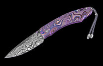 One of a Kind William Henry Custom Knife with purple Laser color-engraved titanium frame and damascus steel blade