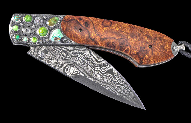 One of a Kind William Henry Custom Knife with Hand-carved sterling silver w/inlaid 'Carico Lake' turquoise frame, desert ironwood scales, and a damascus steel frame