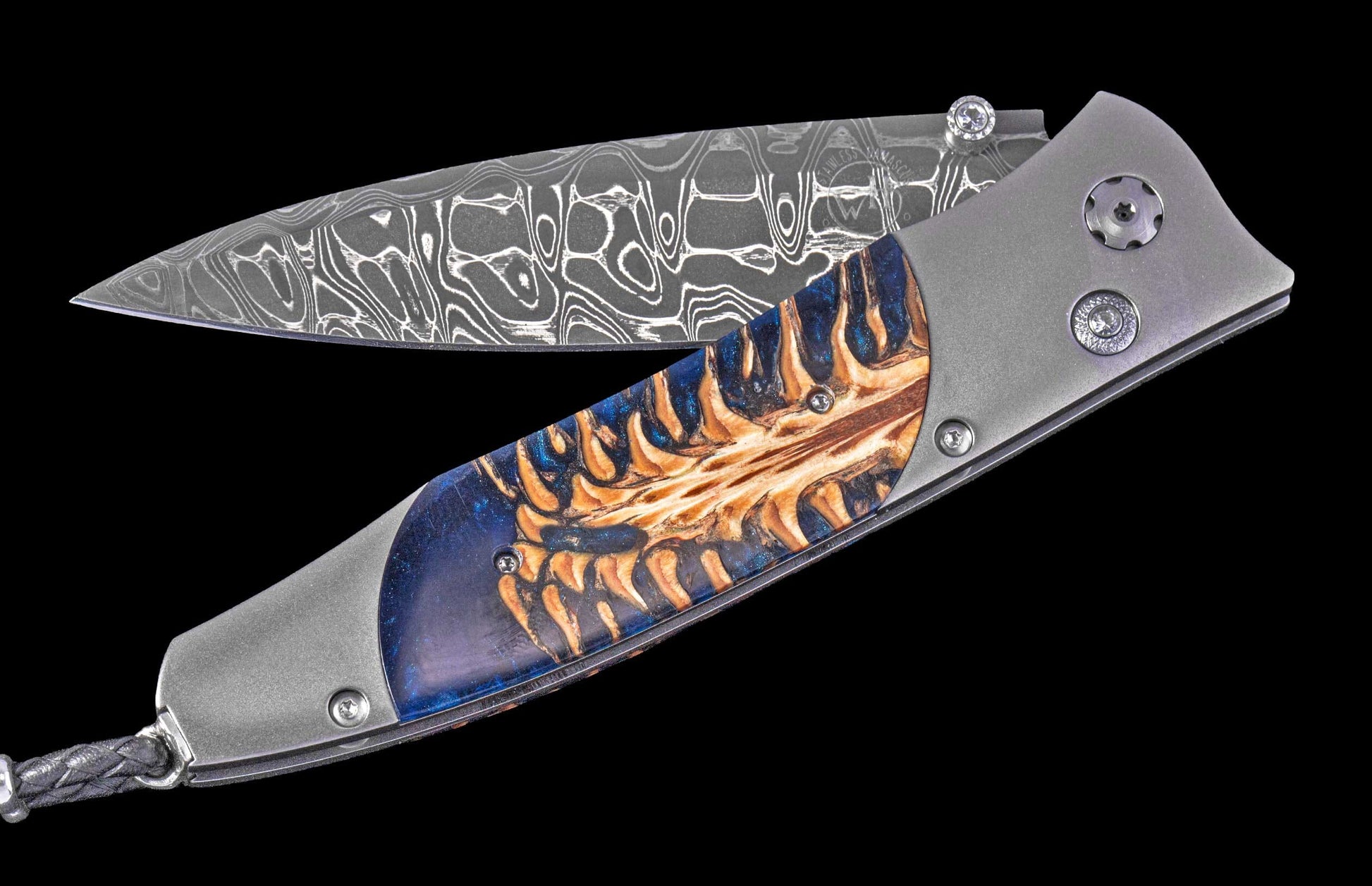 One of a Kind William Henry Custom Knife with titanium frame, Norway Blue Spruce pine cone scales, and damascus steel blade.