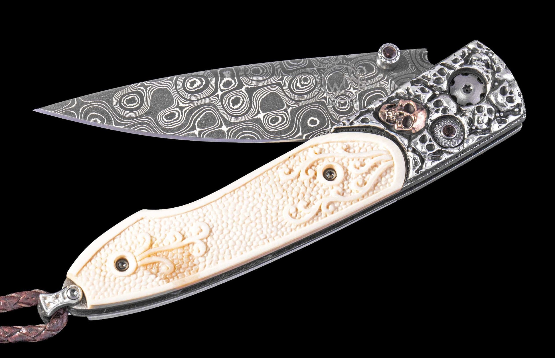 One of a Kind William Henry Custom Knife with Hand-carved sterling silver w/gold frame, Hand-carved cattle bone scales, and damascus steel blade.