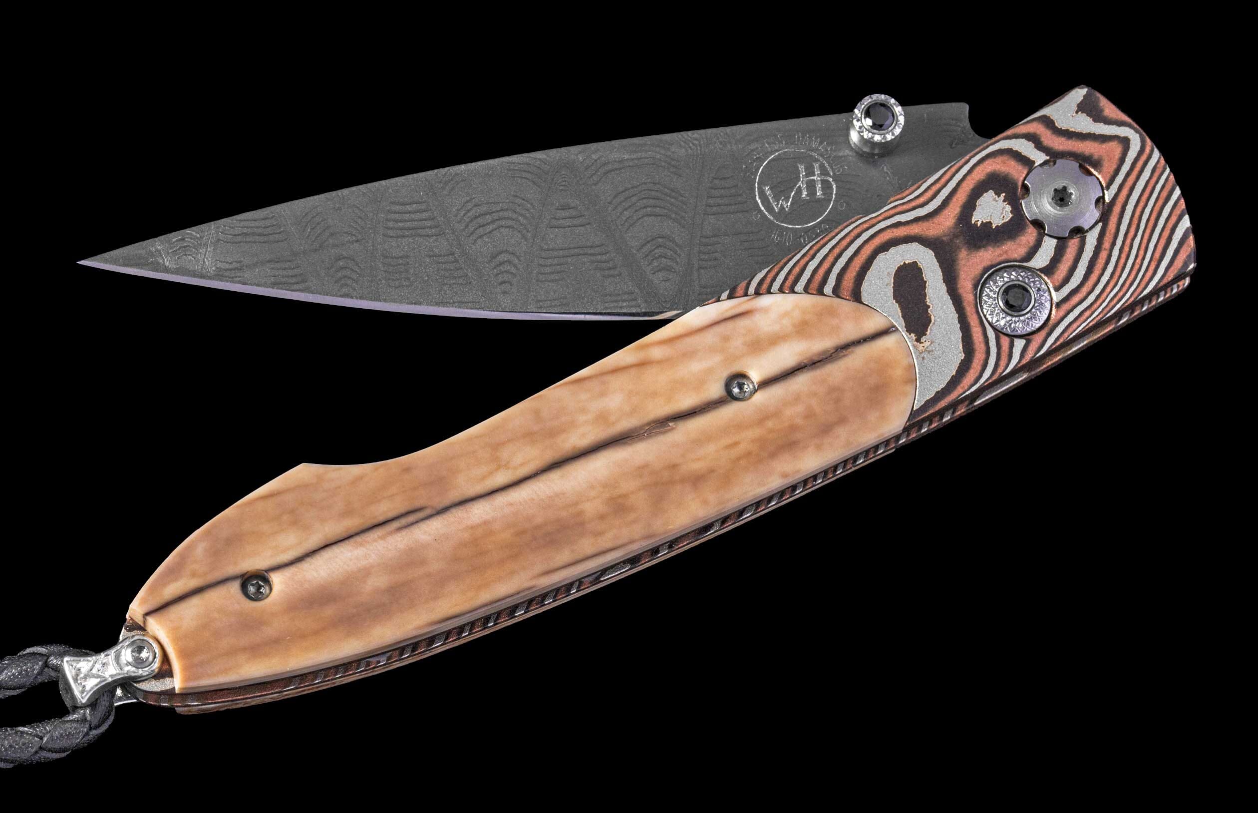 One of a Kind William Henry Custom Knife with Mokume gane frame, Fossil walrus ivory scales, and damascus steel blade.