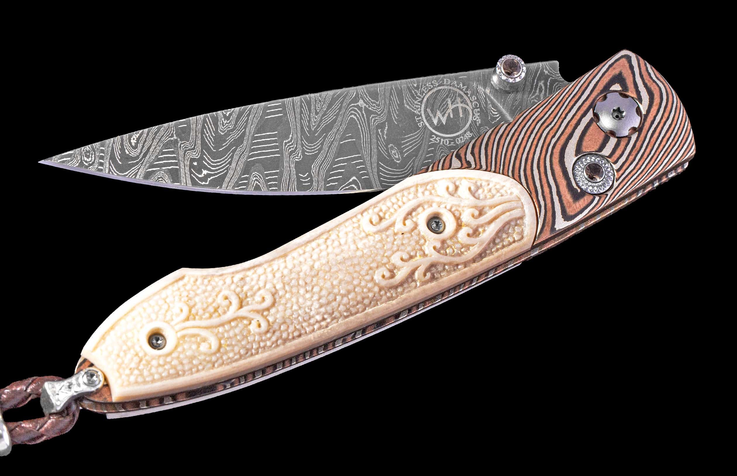 One of a Kind William Henry Custom Knife with a Mokume gane frame, Hand-carved cattle bone scales, and a hand forged damascus steel blade.