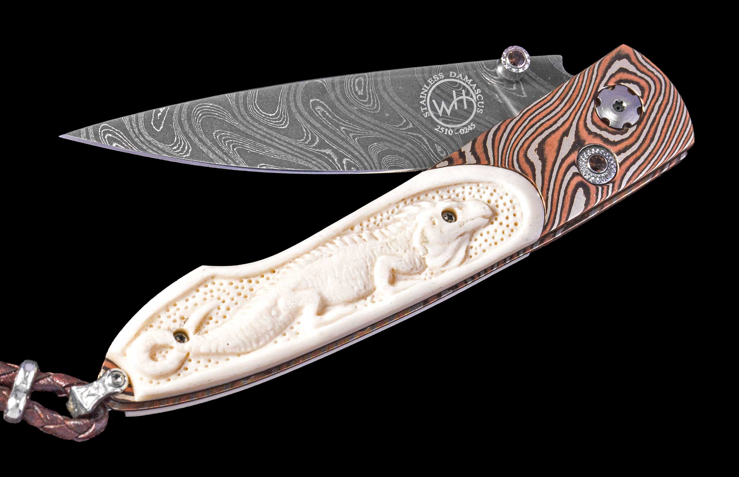 One of a Kind William Henry Custom Knife with Mokume gane frame, Hand-carved cattle bone scales, and damascus steel blade
