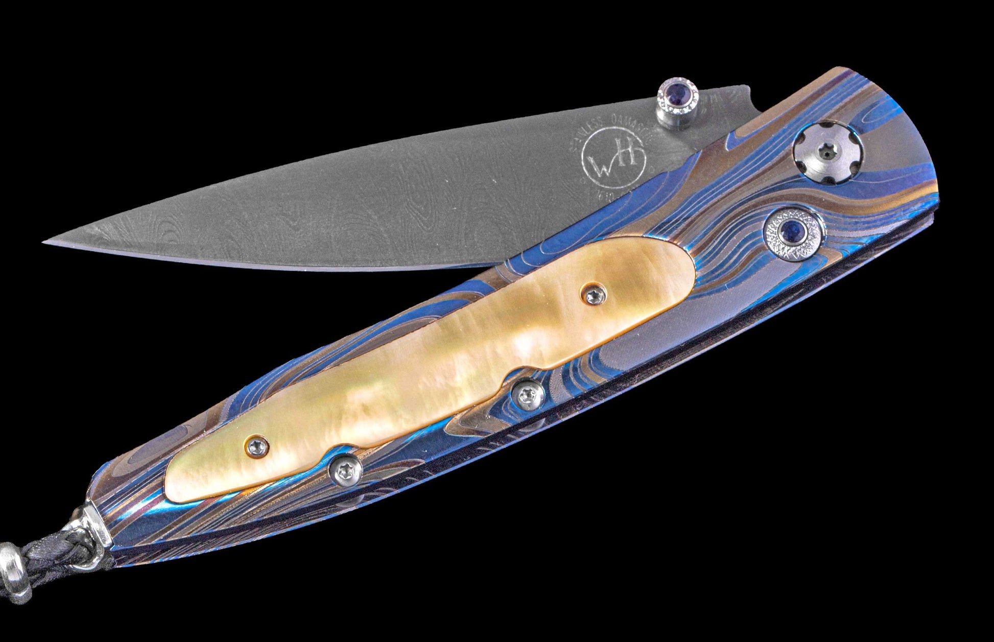 One of a Kind William Henry Custom Knife with Laser-colored titanium frame, Gold lip pearl scales,  Sapphire gems, and damascus steel blade
