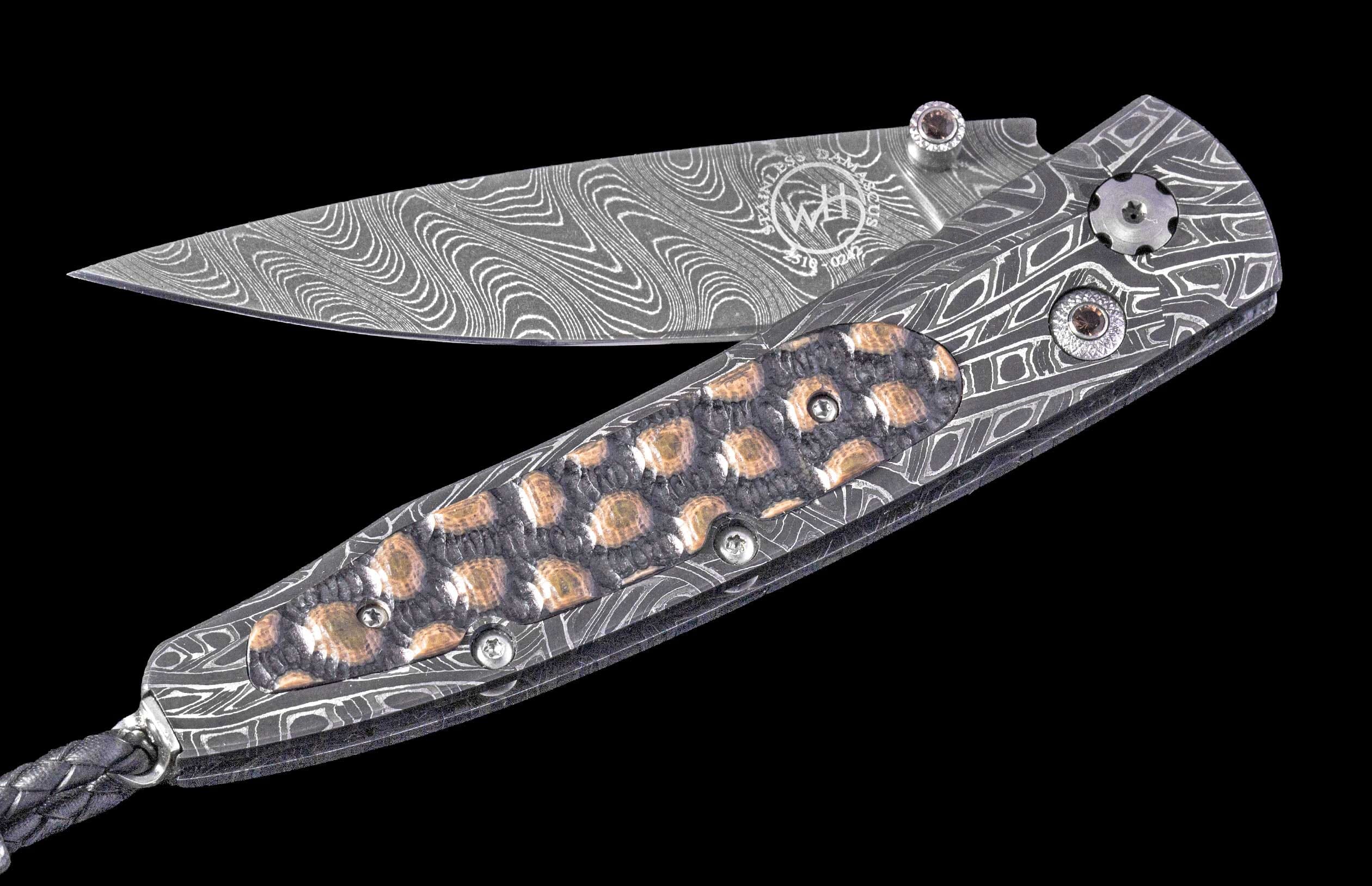 One of a Kind William Henry Custom Knife with damascus steel frame, resin composite scales, Smoky Quartz gems, and damascus steel blade.