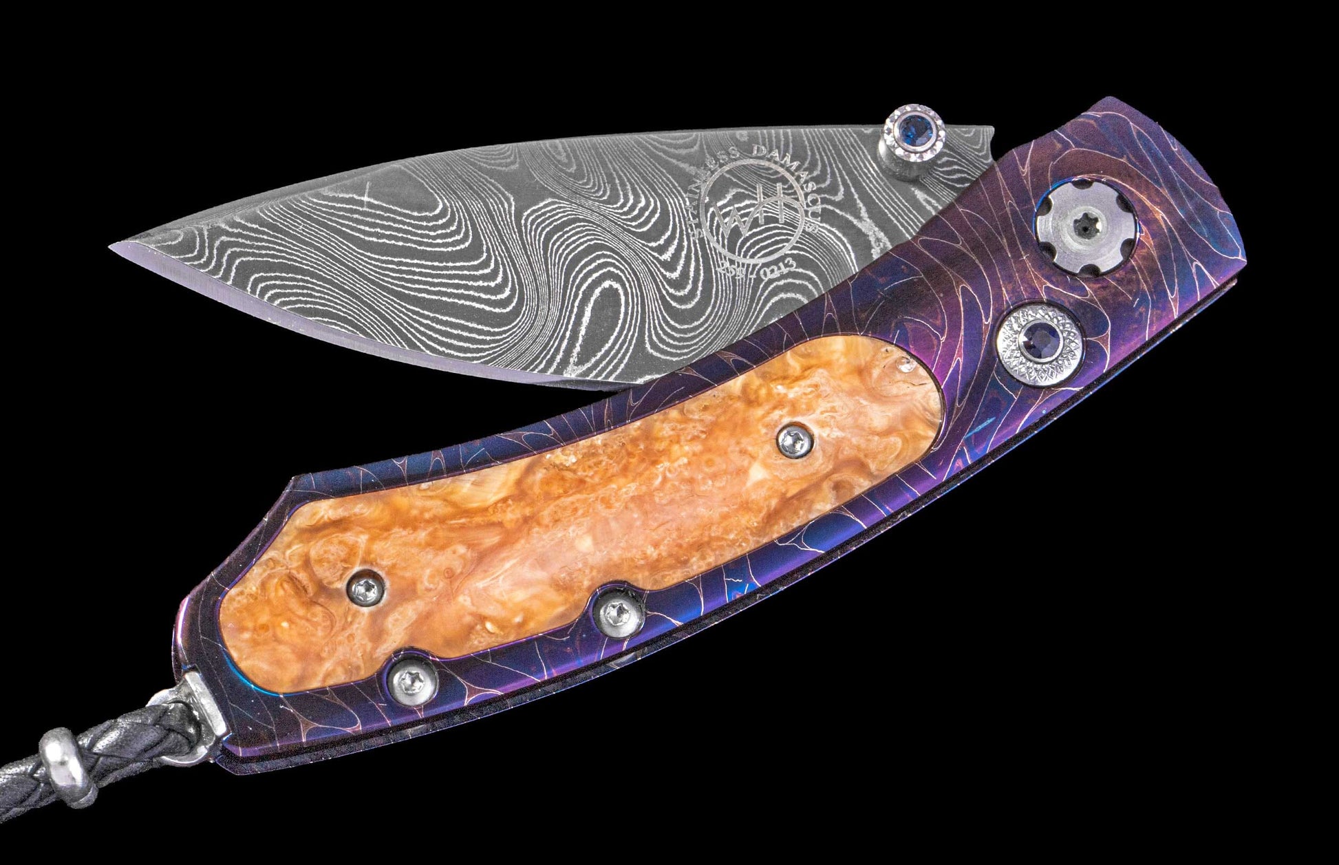 One of a Kind William Henry Custom Knife with Heat-blued 'Rolling Rock' damascus frame, Fossil walrus ivory scales, and damascus steel blade.