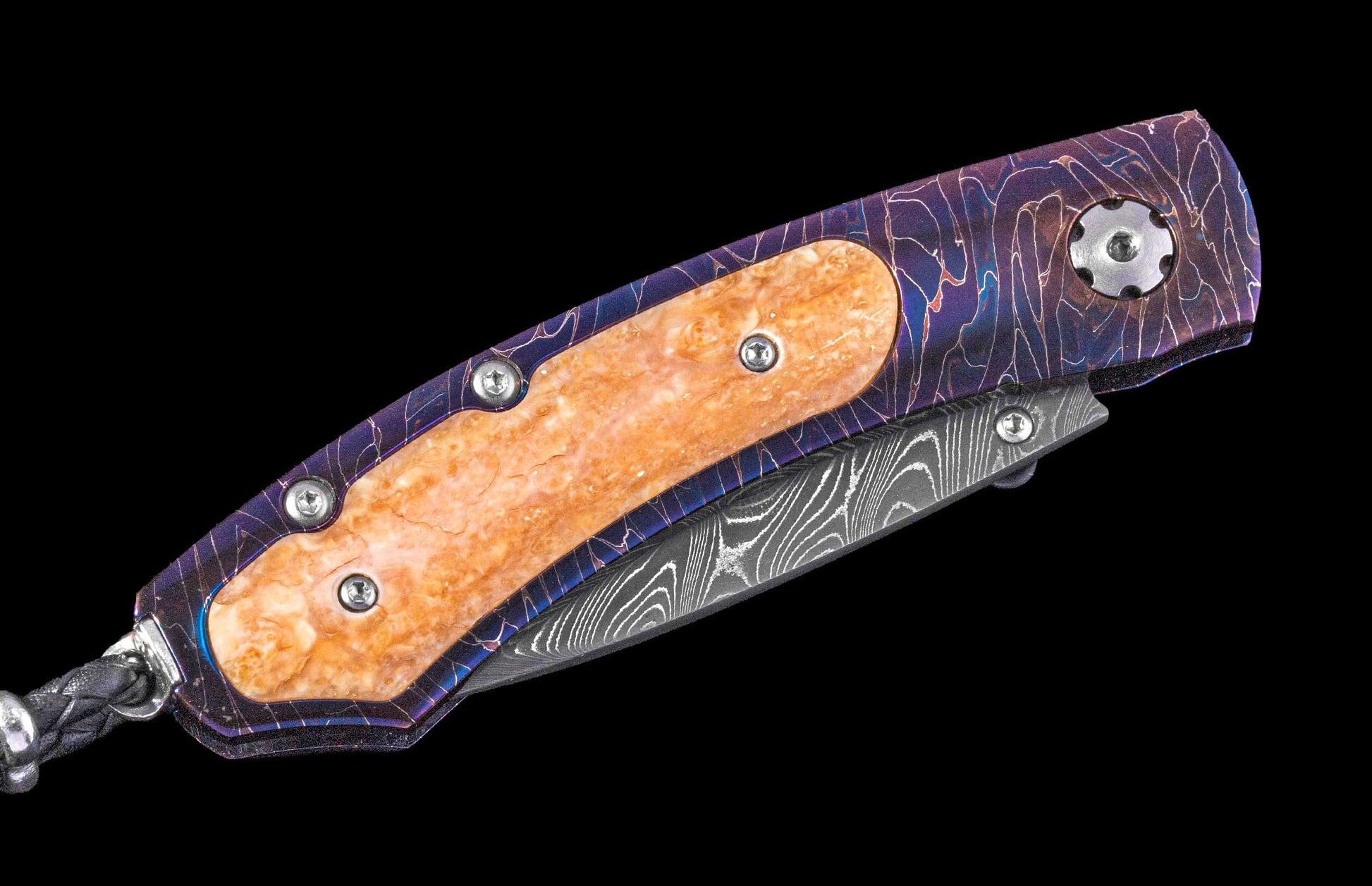 One of a Kind William Henry Custom Knife with Heat-blued 'Rolling Rock' damascus frame