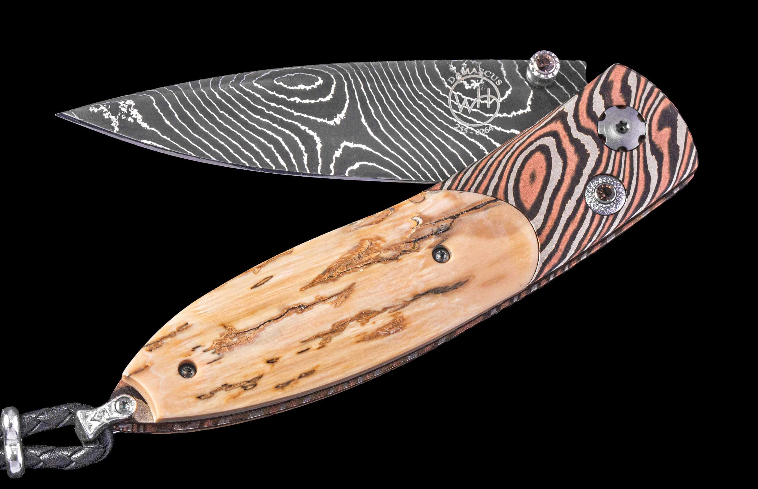 One of a Kind William Henry Custom Knife with Mokume gane frame, Fossil walrus ivory scales, Smoky Quartz gems, and damascus steel blade.