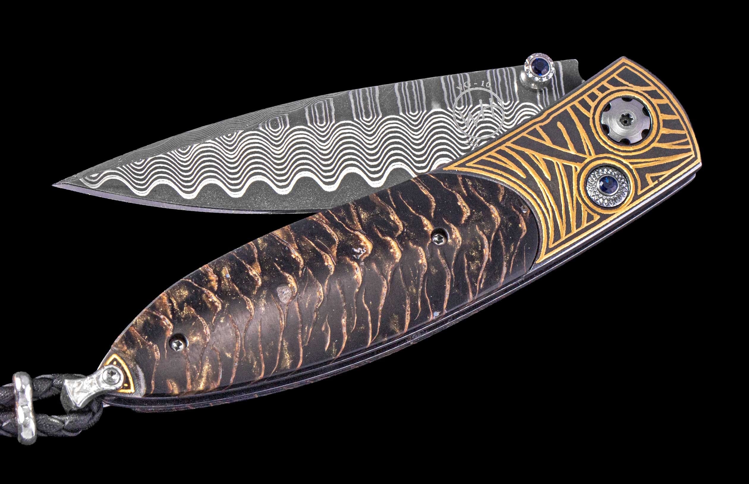 One of a Kind William Henry Custom Knife with a 24K gold Koftgari inlaid frame, Norway Blue Spruce pine cone scales, and a damascus steel blade.