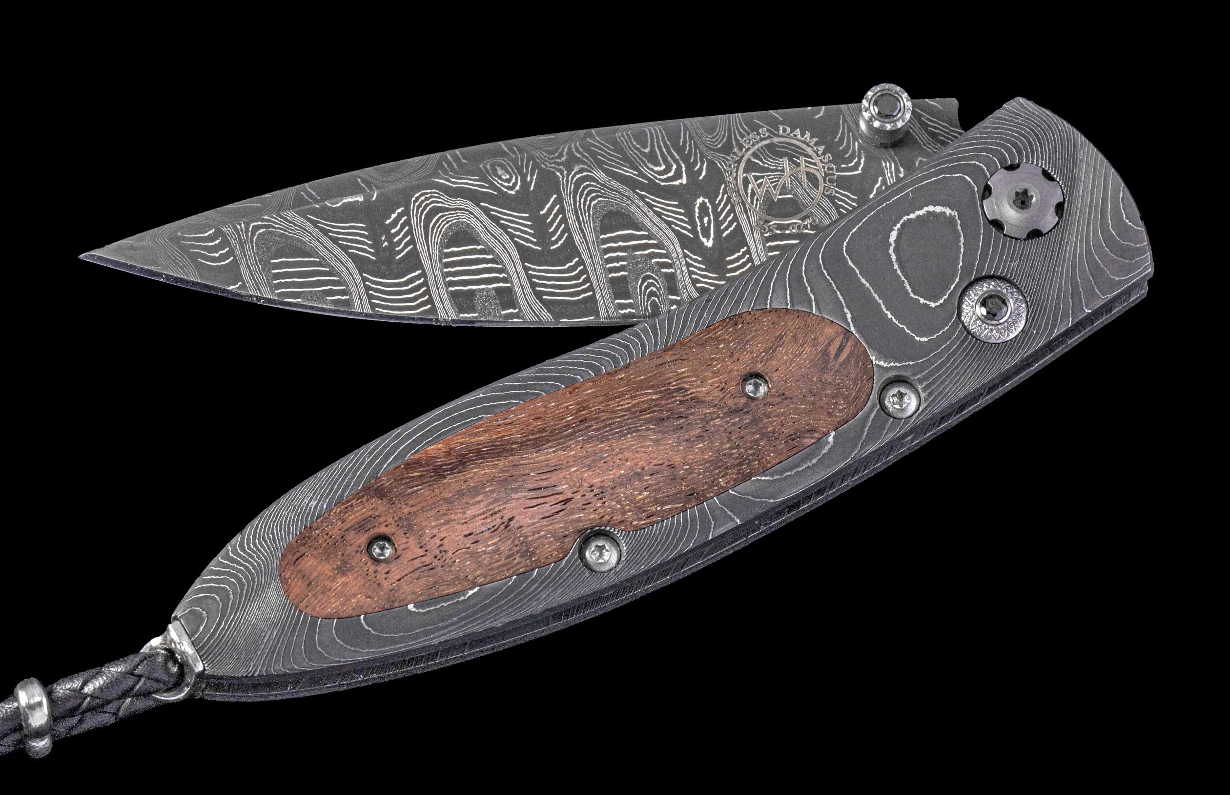 One of a Kind William Henry Custom Knife with damascus frame, 'Eyrie Vineyard' Pinot vine wood scales, Black diamond gems, and damascus steel blade.
