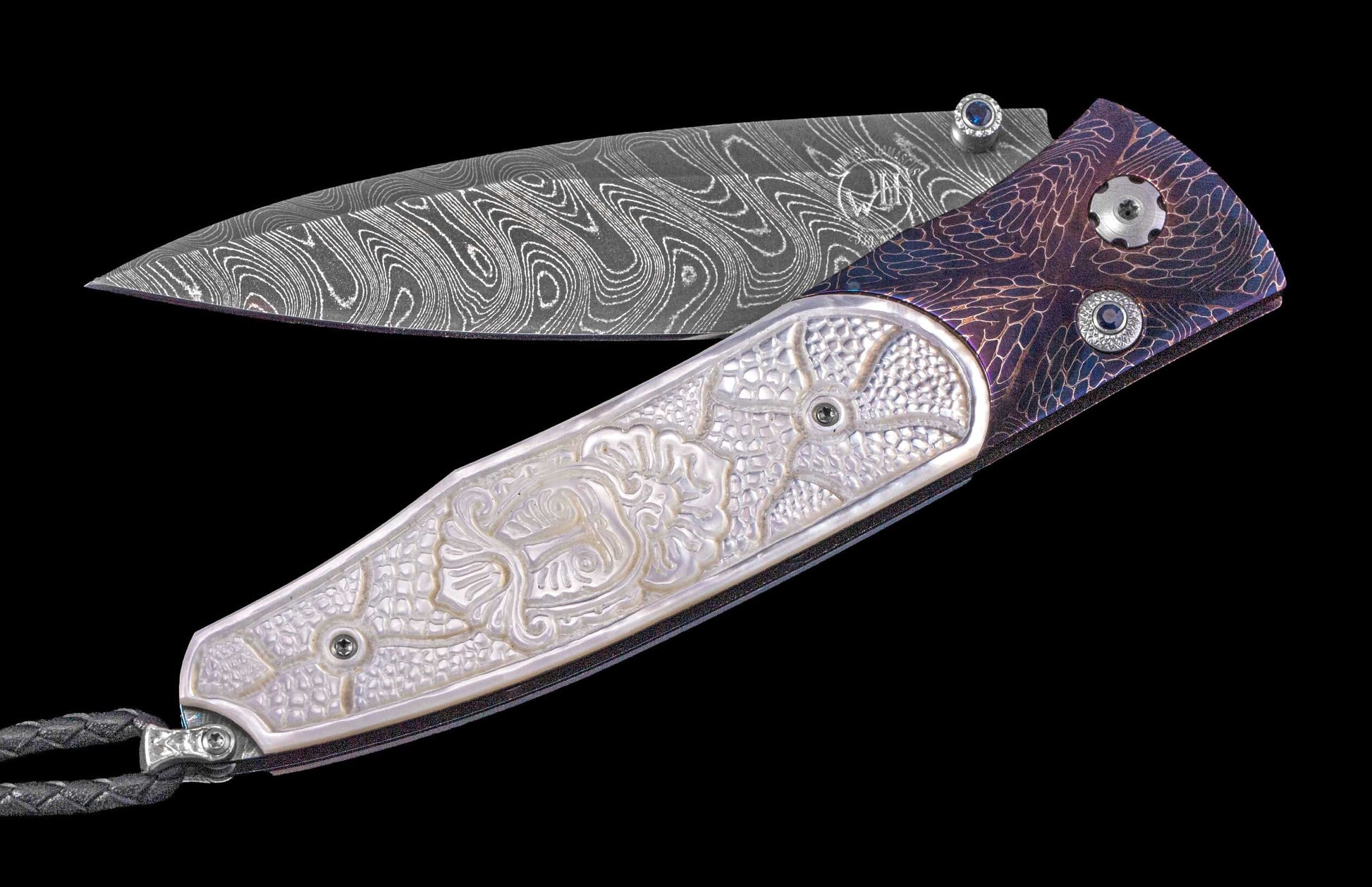One of a Kind William Henry Custom Knife with Heat-blued 'Mind Melt' damascus frame, Hand-carved mother of pearl scales, sapphire gems, and damascus steel blade.