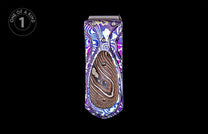 Vibrant patterned money clip with purple, blue, white, and gold swirls and a central brown and white striped inlay.