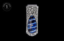Silver-toned money clip with embossed skull design and a blue striped resin inlay accented with small crystals.