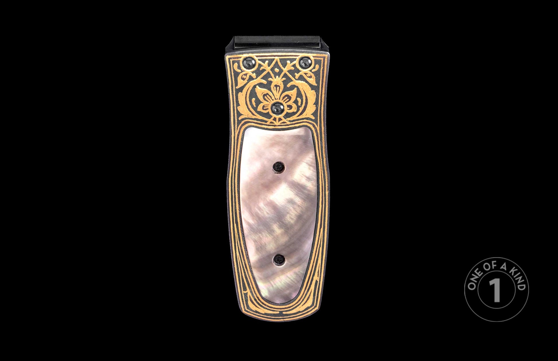 Black and gold money clip with intricate floral engraving and mother-of-pearl inlay, one of a kind