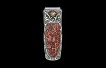 Silver money clip with an ornate textured frame, featuring a reddish-brown patterned stone inlay, a copper-toned star, and scroll details.