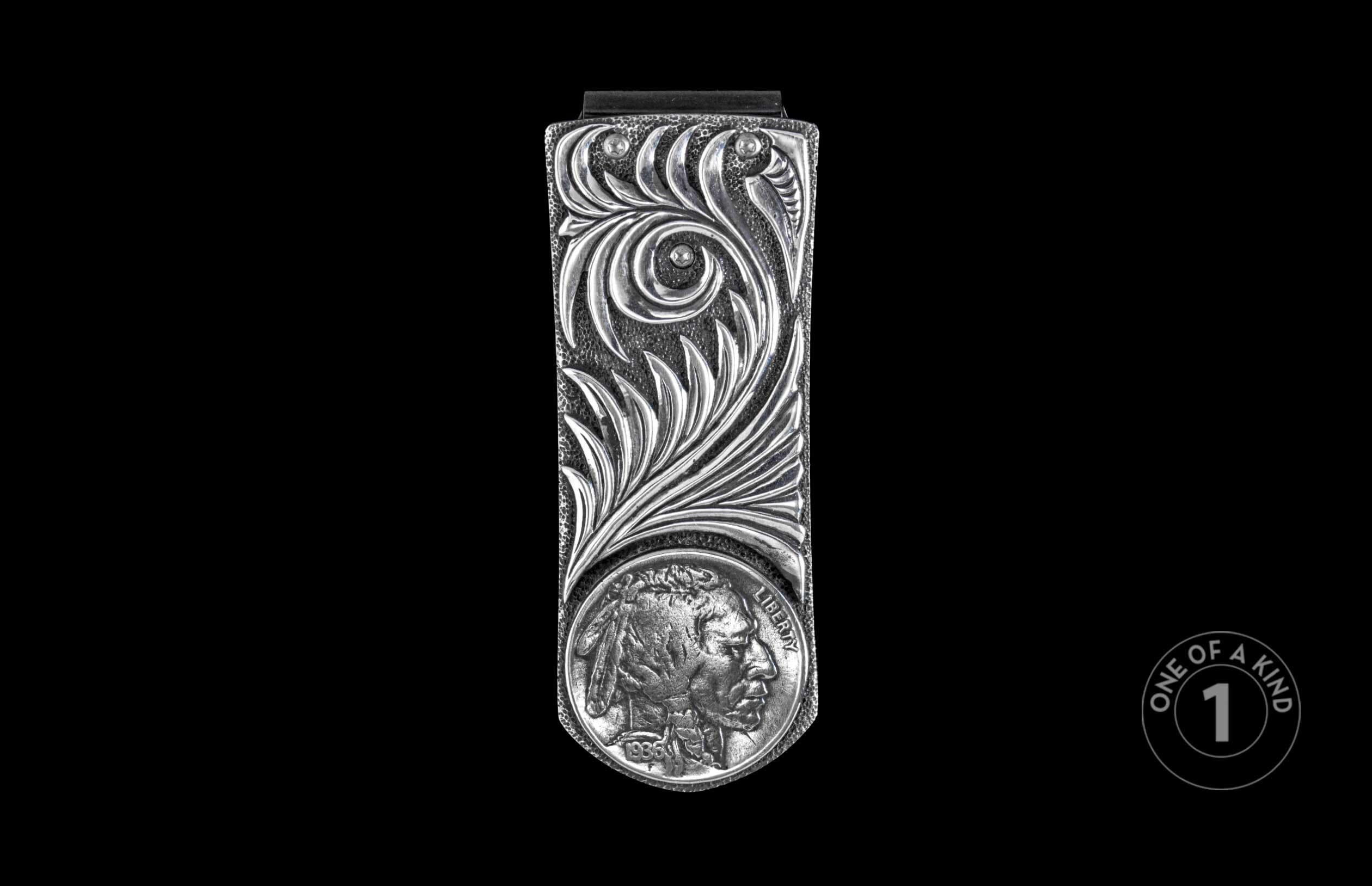 Handcrafted William Henry money clip with cand carved sterling silver and a Buffalo Nickle. 
