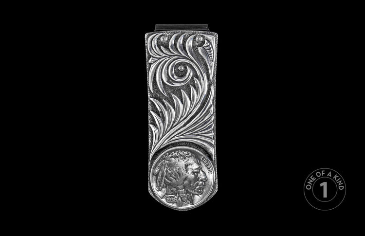 Handcrafted William Henry money clip with cand carved sterling silver and a Buffalo Nickle. 