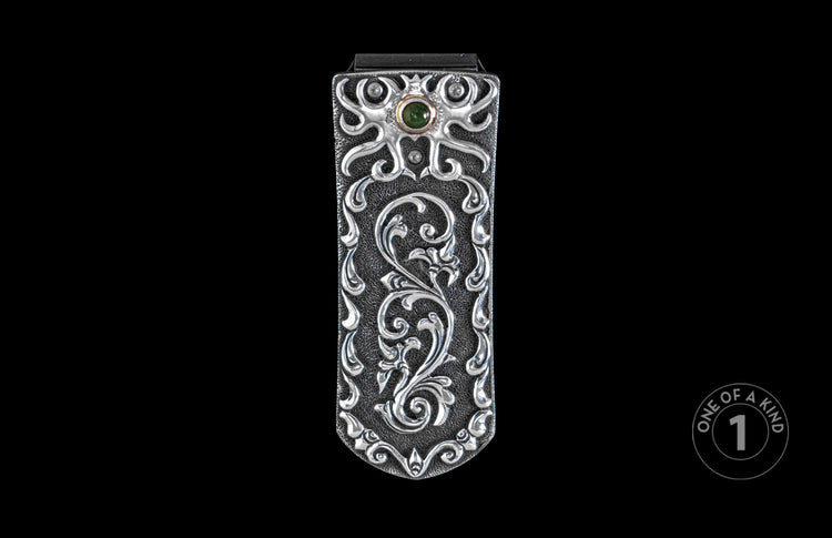 Handcrafted William Henry money clip with hand carved sterling silver and jade