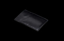 MCW MC BLK|Angled black leather Card & Cash Wallet with subtle grain, visible stitching, and card slots.