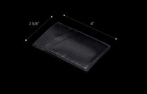MCW MC BLK|Black leather Card & Cash Wallet, angled showing dimensions of 4 inches long by 2 5/8 inches wide.