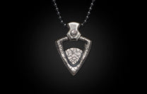 Silver-toned metal pendant necklace featuring a textured, arrowhead-shaped pendant with a small circular charm and a bead chain.