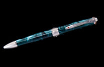 Marbled teal pen with silver metal tip, central band, and a clip featuring a small red gem.