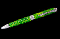 Green and yellow pen with a hexagonal pattern, featuring silver-colored accents, against a black background.