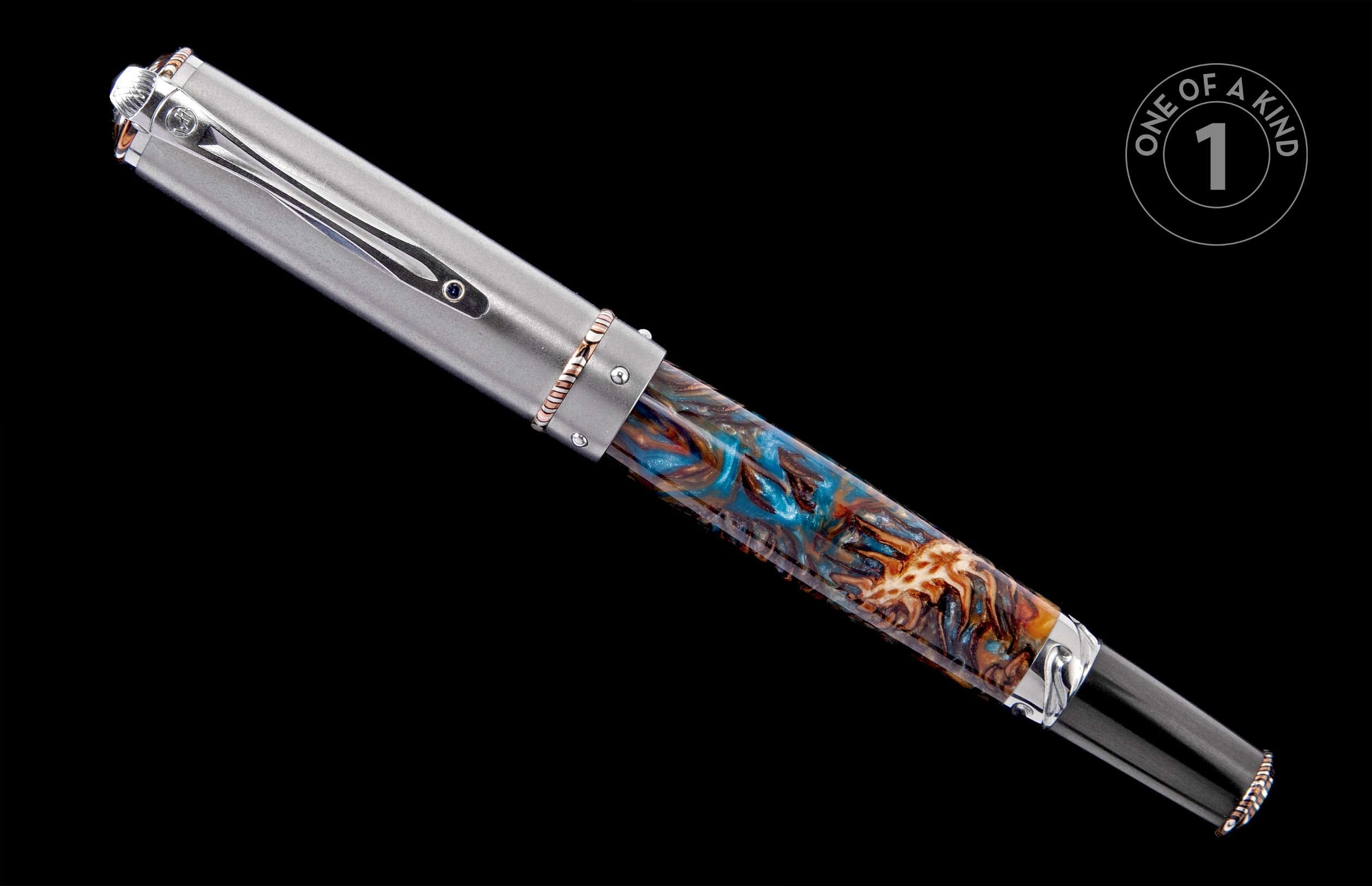 A pen with a brushed silver cap and a swirled blue, orange, and brown resin body, featuring gold and silver accents.