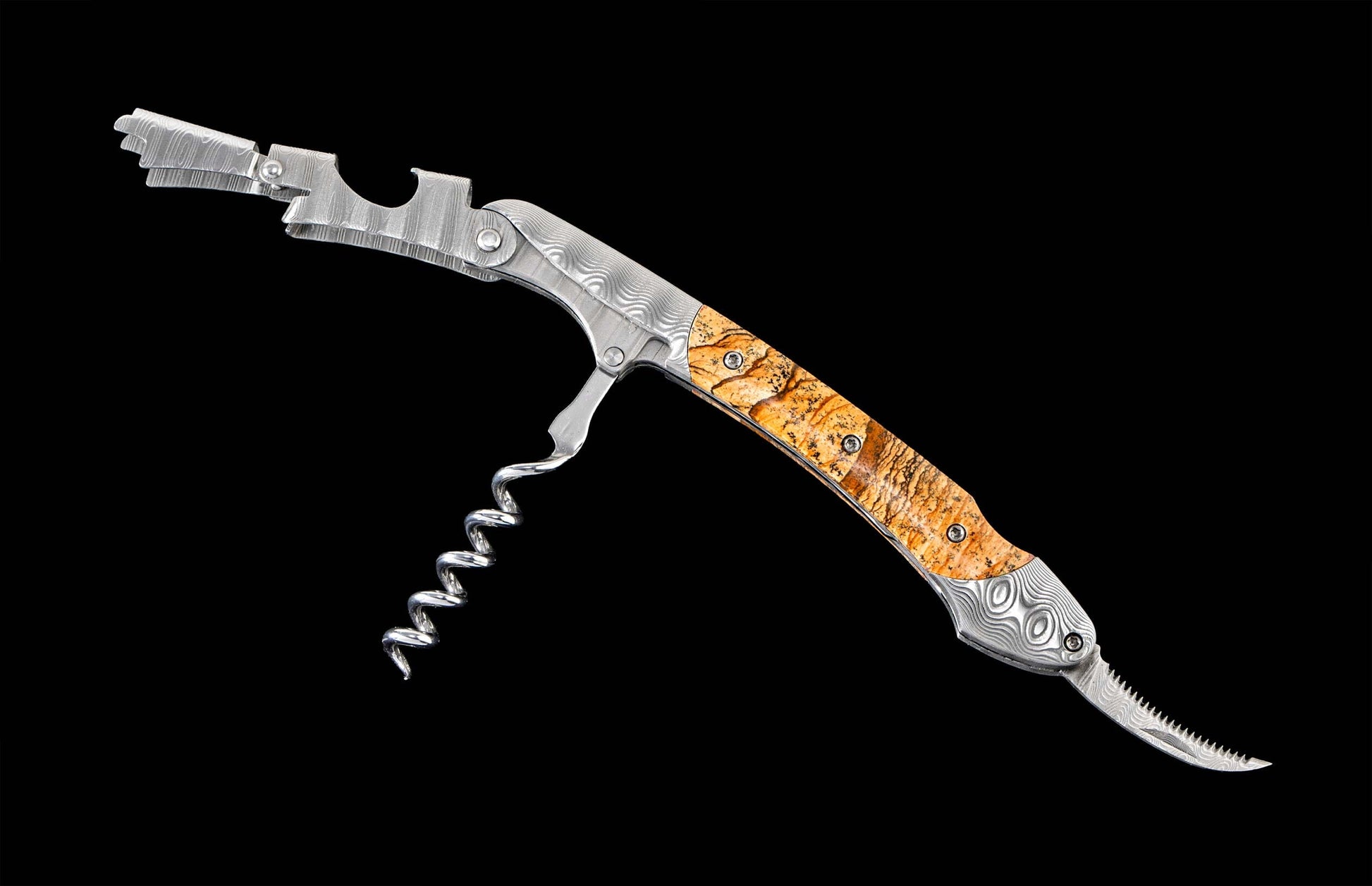 One of a kind William Henry custom corkscrew with hand forged Damascus steel and Glass Flower stone