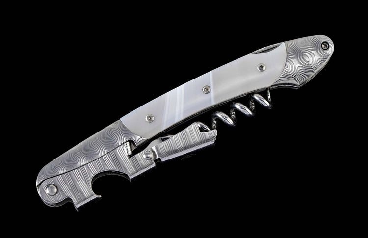 One of a kind William Henry custom corkscrew with hand forged Damascus steel and Sardonyx stone