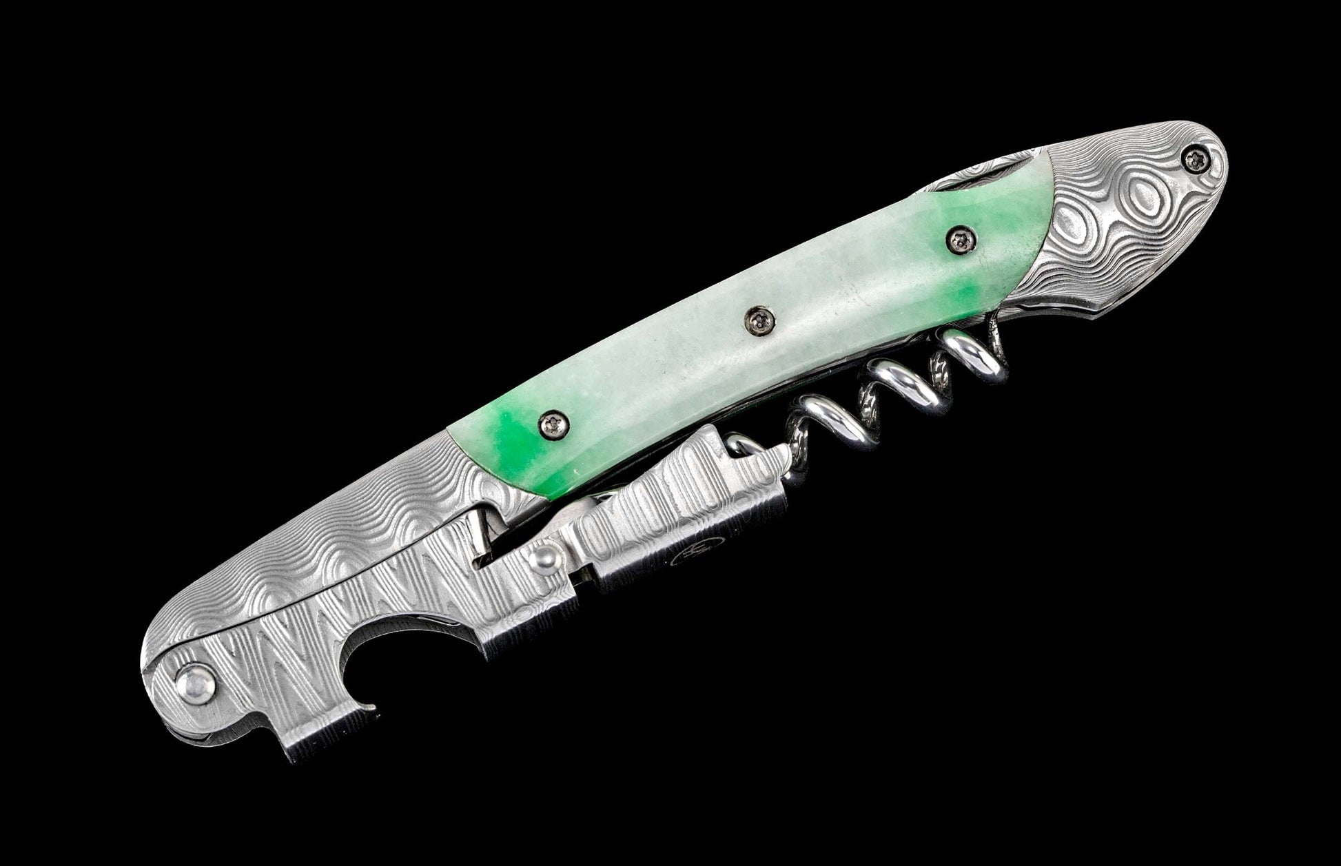 One of a kind William Henry custom corkscrew with hand forged Damascus steel and Jade