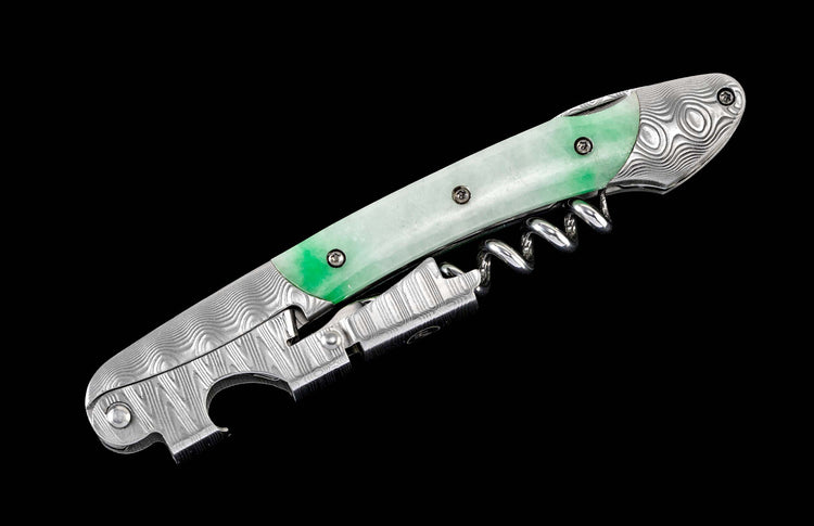 One of a kind William Henry custom corkscrew with hand forged Damascus steel and Jade