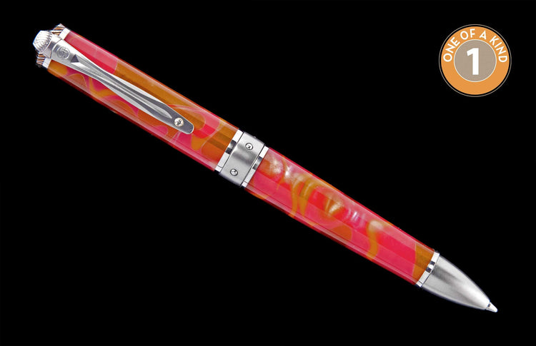 Red and orange marbled pen with silver-toned accents and a prominent 'ONE OF A KIND' badge, angled on a black background.