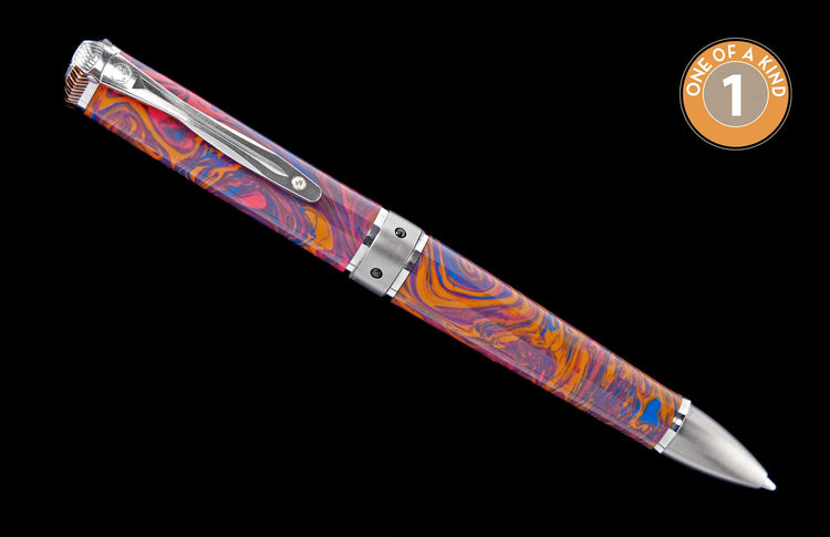 Vibrant swirled orange, blue, pink, and purple pen with silver-toned metal accents and a ridged cap.