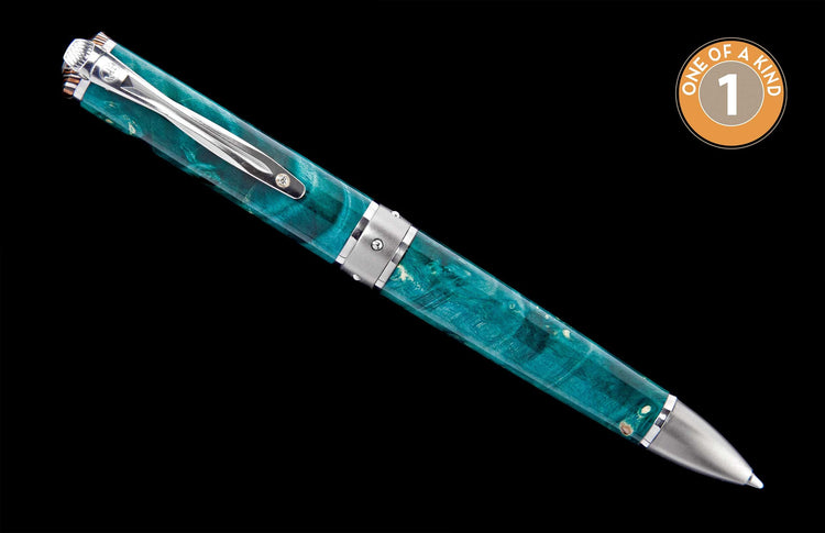 Teal marbled resin pen with silver-toned metal accents, featuring a jeweled pocket clip, detailed cap band, and textured finial.