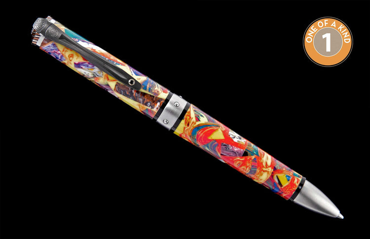 Vibrant, multicolored pen with an abstract swirled pattern, black clip, and silver-toned metal tip and cap details.